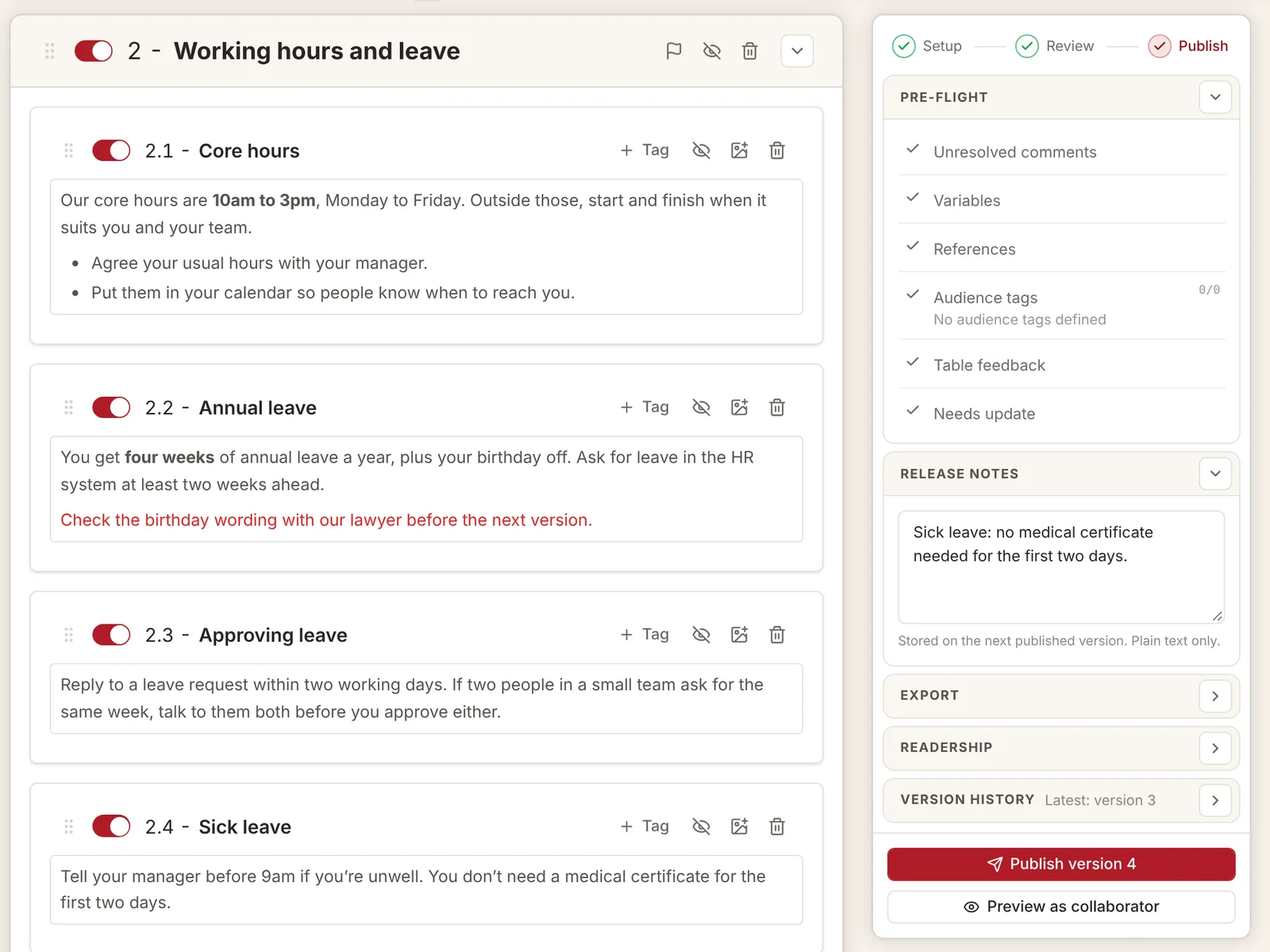 Muto’s publish panel beside the document: every check ticked, the notes for the new version and a Publish version 4 button. A private note in the document shows in red